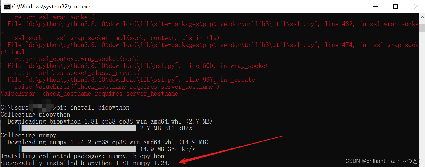 python安装包出错ERROR:Exception:Traceback (most recent call last): File“d:\python3.8.10\download\lib\sit