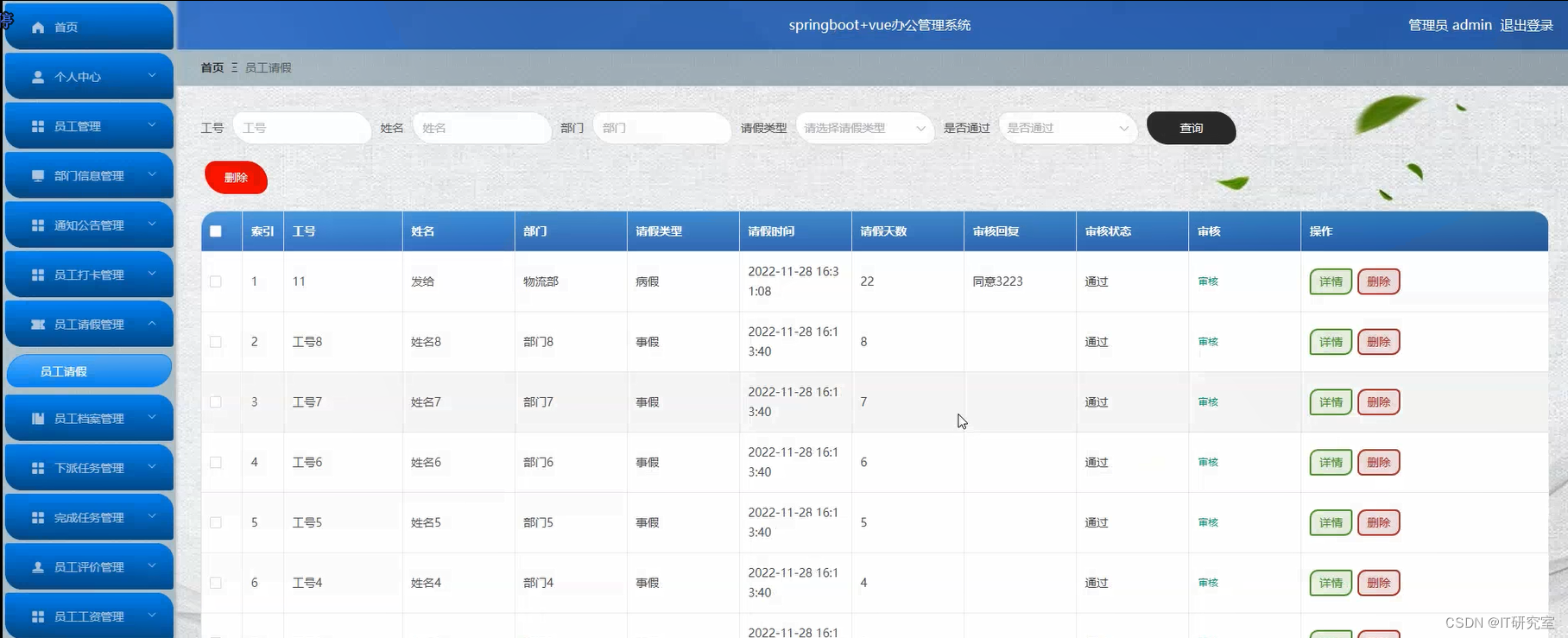 办公管理系统-员工请假管理-管理员