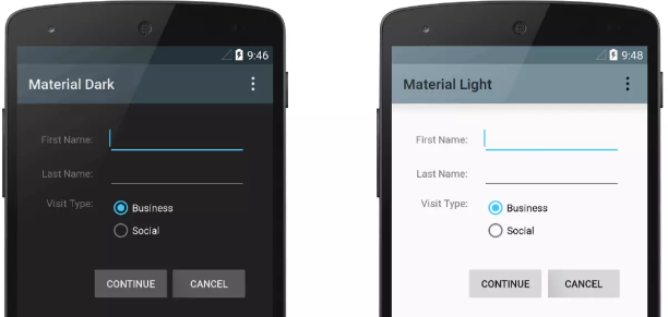 Theme.AppCompat（左）和 Theme.AppCompat.Light（右）