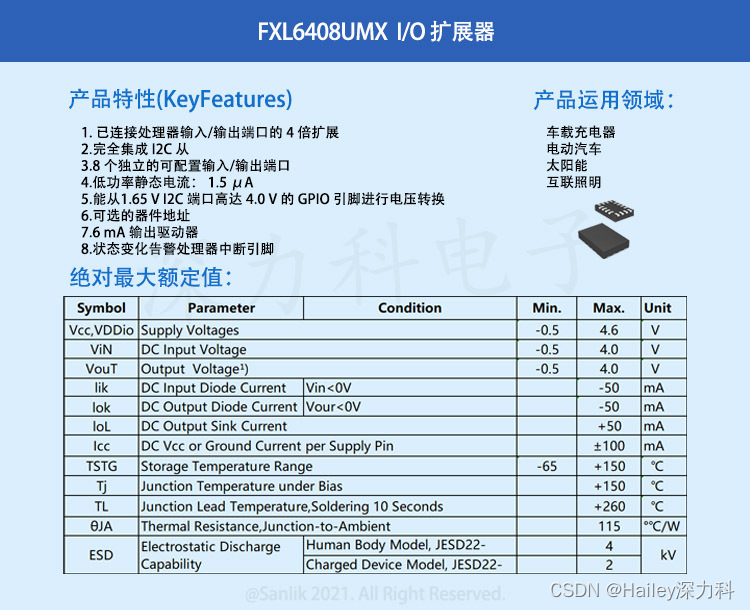 FXL6408UMX一款完全可配置的8位12C控制GPIO扩展器