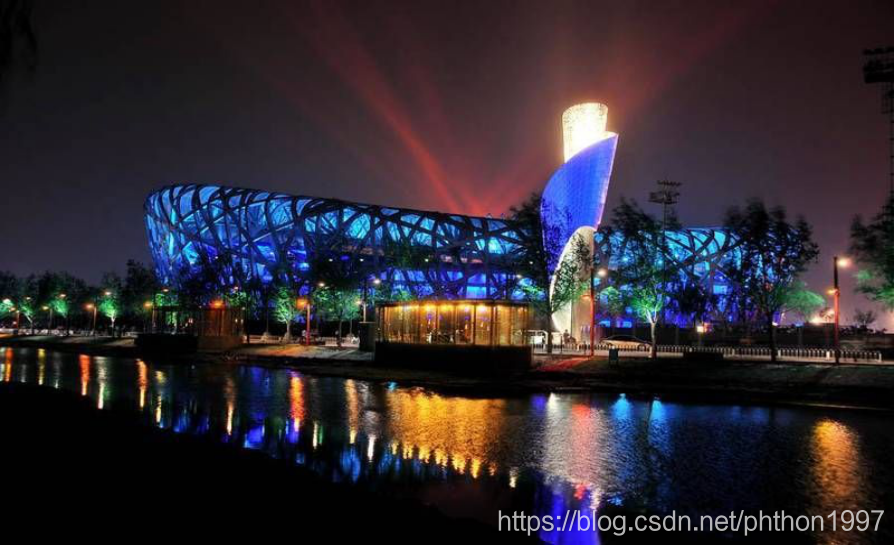 夜色下的北京鳥巢變成了藍色