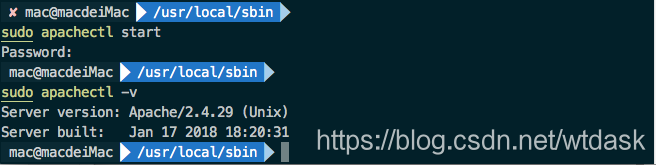 图 Terminal输入命令打开apache服务及查看版本号