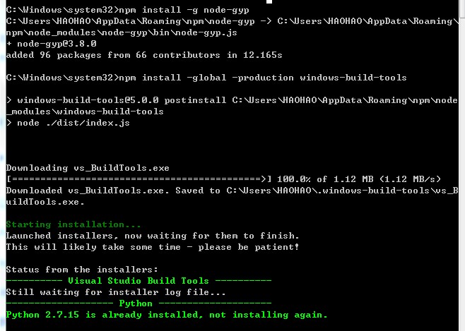 Npm install global windows build tools зависает