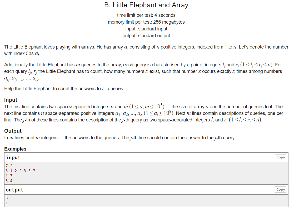 Codeforces Round #136 B - Little Elephant And Array(莫队算法)_给 N 个数,m 个询问 ...