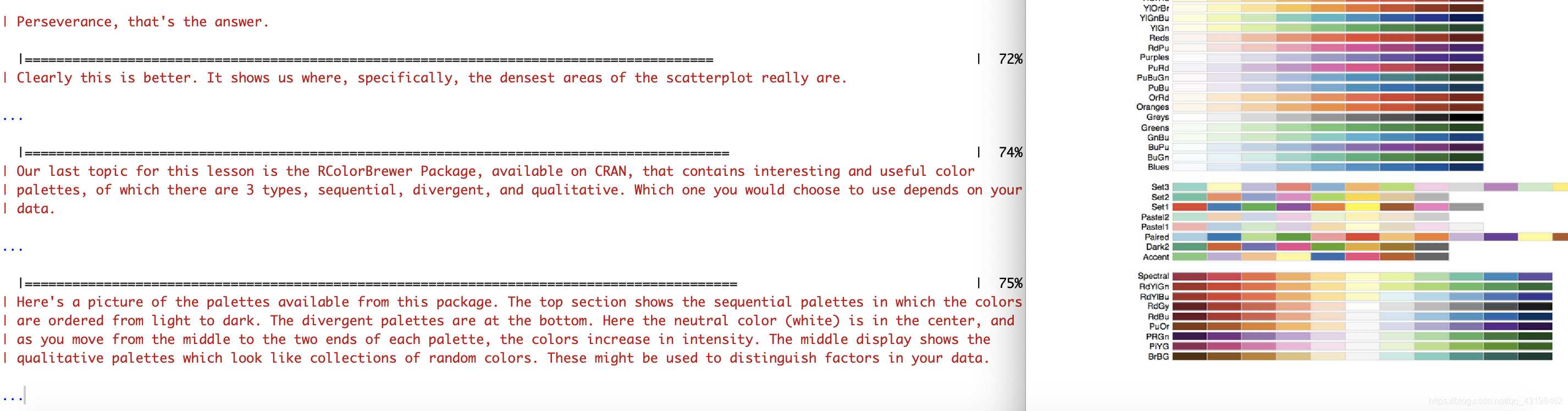 左边是对此包的简单介绍，右边是其中存储颜色的三种方法对应的排列（sequential，divergent，qualitative）