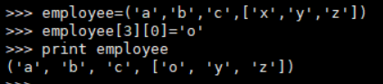 employee只想這個元組，元組裡面有個元素指向list即['x','y','z'],改變list[0]='o'在這裡插入圖片描述