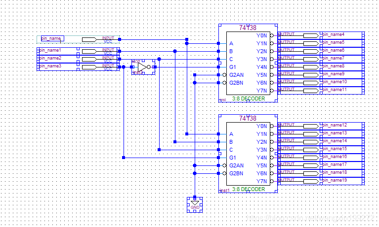 在这里用2片3-8 译码器拼接成4-16 译码器的电路图插入图片描述