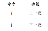 命令	功能{	上一段}	下一段