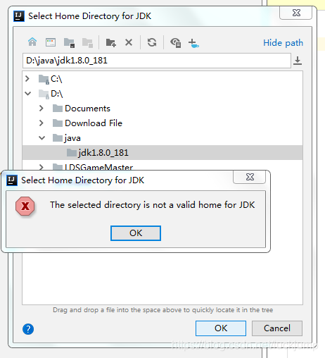 选择jdk的安装目录时，报错提示：	The selected directory is not a valid home for JDK