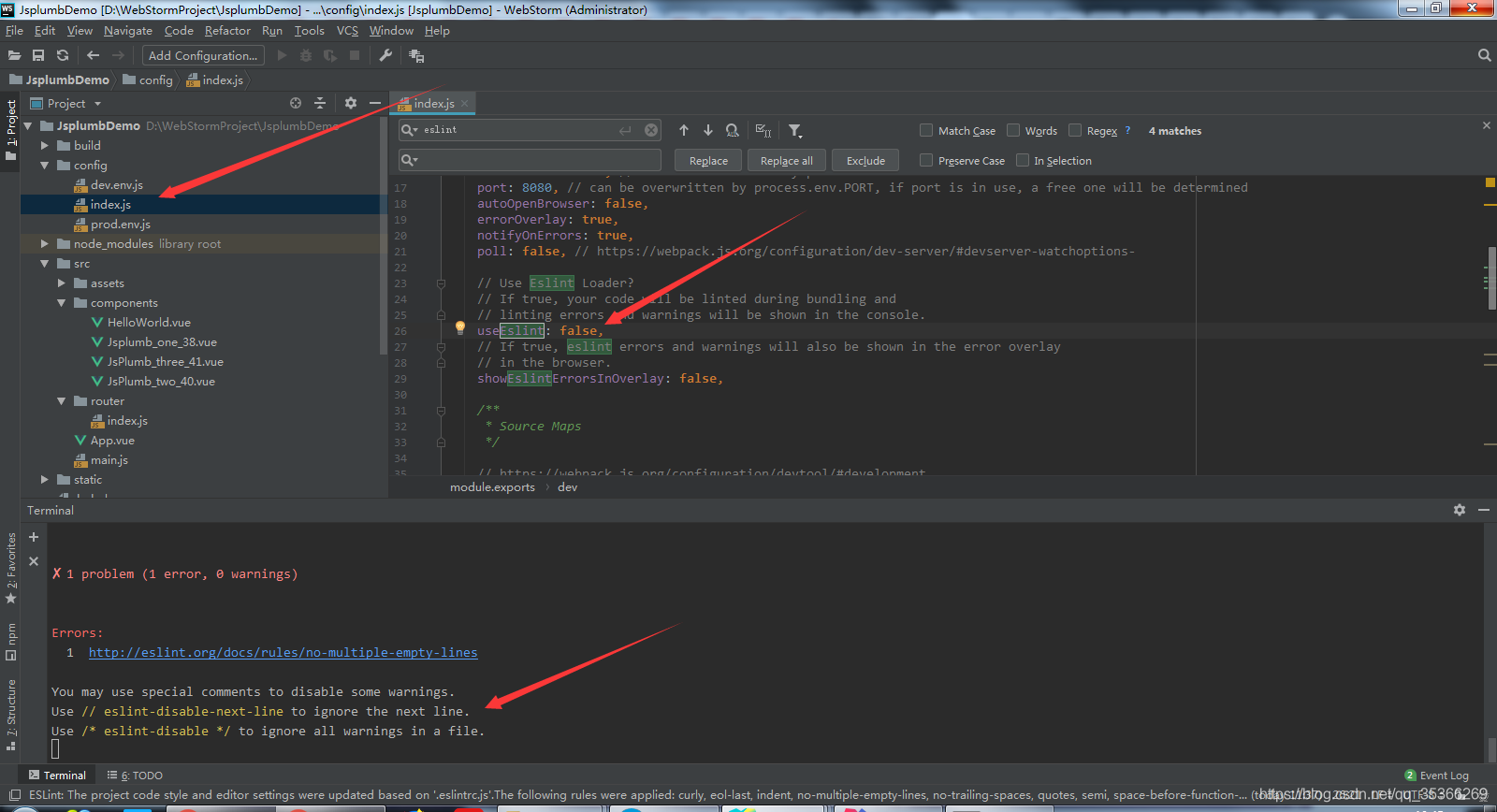 You may use special comments to disable some warnings. Use // eslint