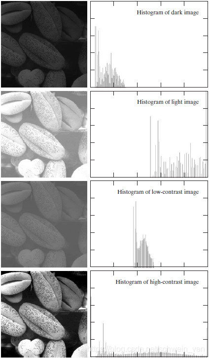 图1 4种基本的图像类型：暗图像、亮图像、低对比度图像、高对比度图像及其对应的直方图