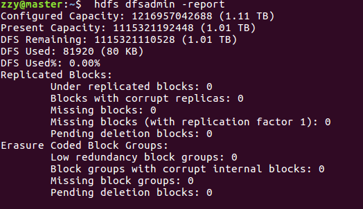 Configured Capacity: 0 (0 B) Present Capacity: 0 (0 B) DFS Remaining: 0 ...