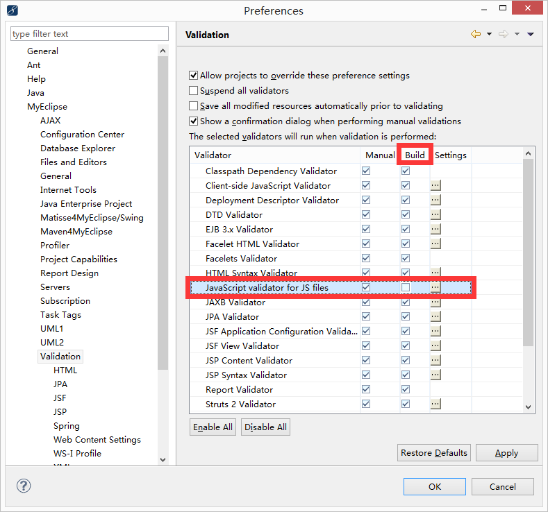 MyEclipse取消 js 、jsp 校验功能  解决“Cannot return from outside a function or method”错误