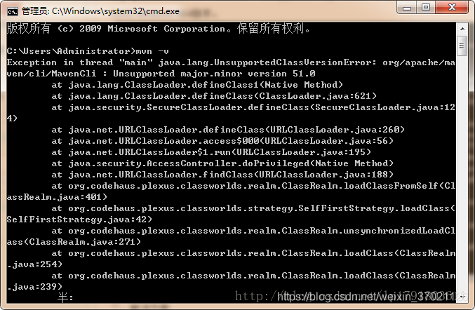 Exception in thread “main” Java.lang.UnsupportedClassVersionError: org/apache/maven/cli/MavenCli : Unsupported major.minor version 51.0 at java.lang.ClassLoader.defineClass1(Native Method)异常。其中jdk是jdk-6u45-windows-x64版本。 在这里插入图片描述