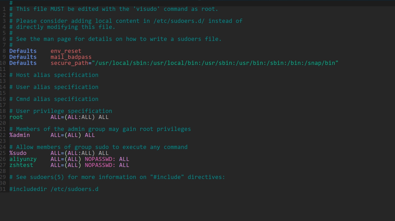 阿里云的/etc/sudoers文件内容