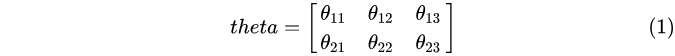 \ theta = \left[ \begin{matrix} \theta_{11} & \theta_{12} & \theta_{13} \ \theta_{21} & \theta_{22} & \theta_{23} \end{matrix} \tag{1} \right]