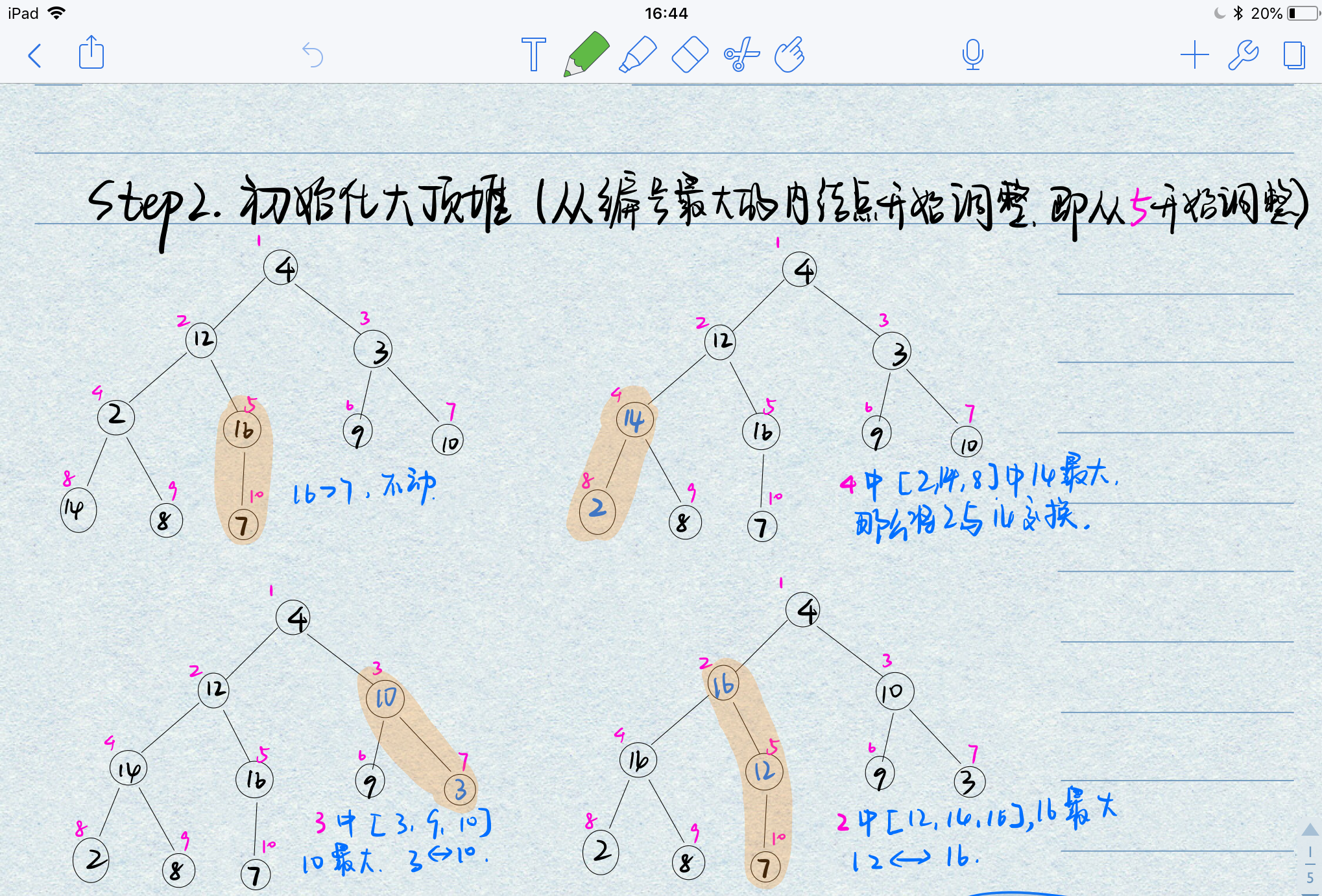 step2:初始化大顶堆,从编号为5的节点开始进行调整(由于堆排序是自底