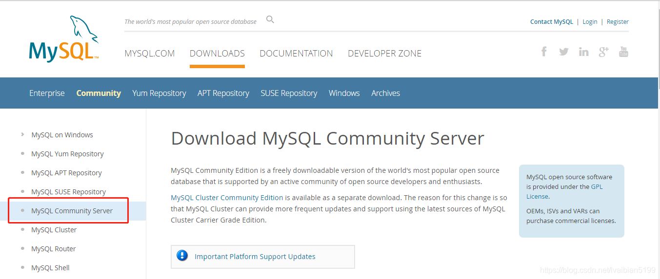 查看Community对应左侧下方选项，单击第四个“MySQL Community Server