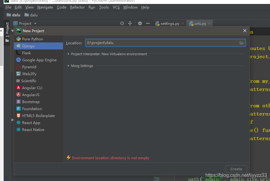 首先在pycharm=>file=>newProject=>Django.建立一個叫dalu的project.