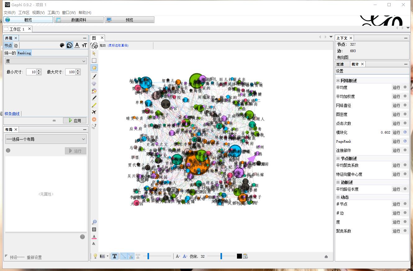 Gephi简易学习[五]———— 分析红楼梦数据，了解Gephi操作流程_gephi模块化的值代表什么-CSDN博客