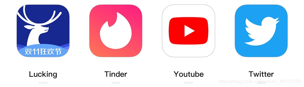 Lucking、Tinder、Youtube、Twitter的产品图标