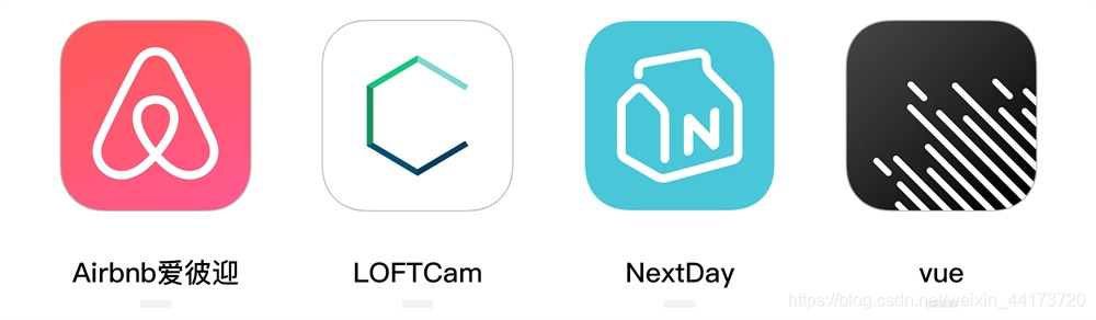 Airbnb、LOFTCam、NextDay、VUE的产品图标