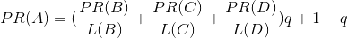 PR(A)=(\frac{PR(B)}{L(B)}+\frac{PR(C)}{L(C)}+\frac{PR(D)}{L(D)})q+1-q