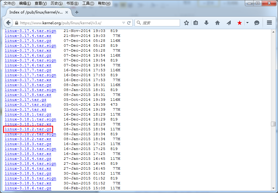 图 2. 内核版本 3.18.2 的下载地址