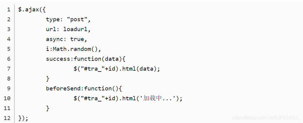 $.ajax({type: "post",url: loadurl,async: true,i:Math.random(),success:function(data){$("#tra_"+id).html(data);}beforeSend:function(){$("#tra_"+id).html('加载中...');}});