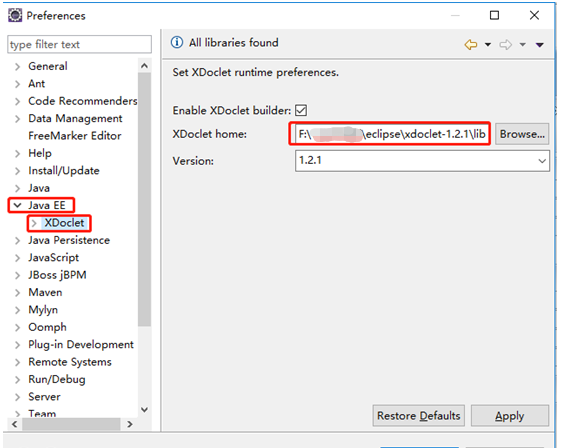 Missing library: xdoclet-1.2.1.jar. Select the home directory for XDoclet. 1.2.1