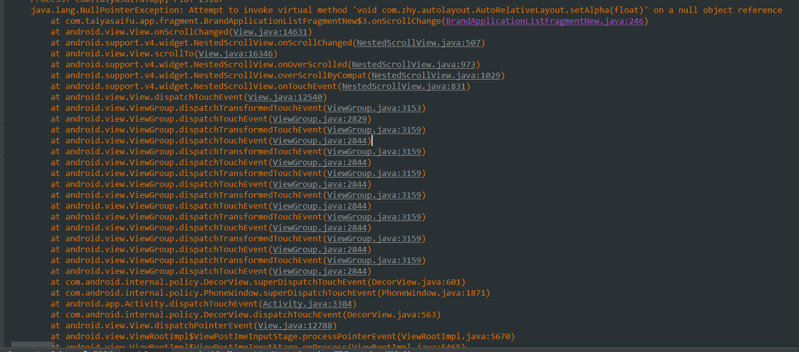 java.lang.NullPointerExceptionRelativeLayout.setAlpha(float)' on a