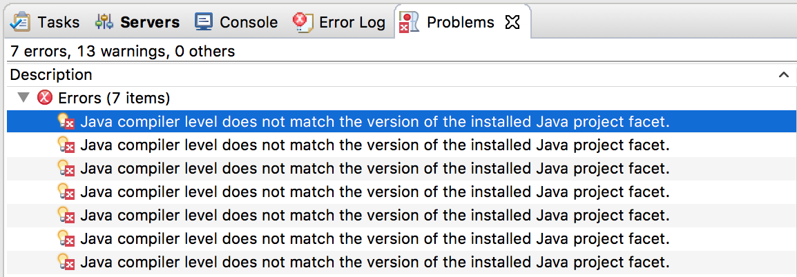 does not match the version of the installed java project facet