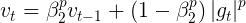 \large v _ { t } = \beta _ { 2 } ^ { p } v _ { t - 1 } + \left( 1 - \beta _ { 2 } ^ { p } \right) \left| g _ { t } \right| ^ { p }