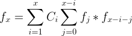 \large f_x=\sum_{i=1}^{x}C_i\sum_{j=0}^{x-i}f_j*f_{x-i-j}