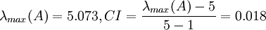 \lambda_{max}(A)=5.073,CI=\frac{\lambda_{max}(A)-5}{5-1}=0.018
