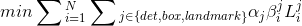 min\sum{_{i=1}^N} \sum{_{j\in {\{det,box,landmark\}}}}\alpha_j\beta_i^jL_i^j