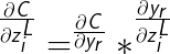 \LARGE \fn_cm \LARGE ^{\frac{\partial C}{\partial z^L_{i}}} = ^{\frac{\partial C}{\partial y_{r}}}*^{\frac{\partial y_{r}}{\partial z^L_{i}}}