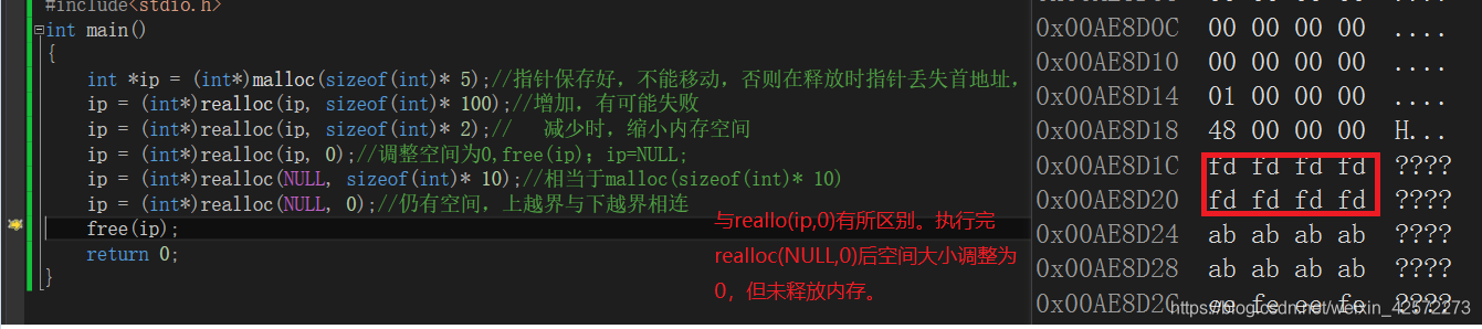 注意区别realloc(ip,0)和realloc(NULL,0)