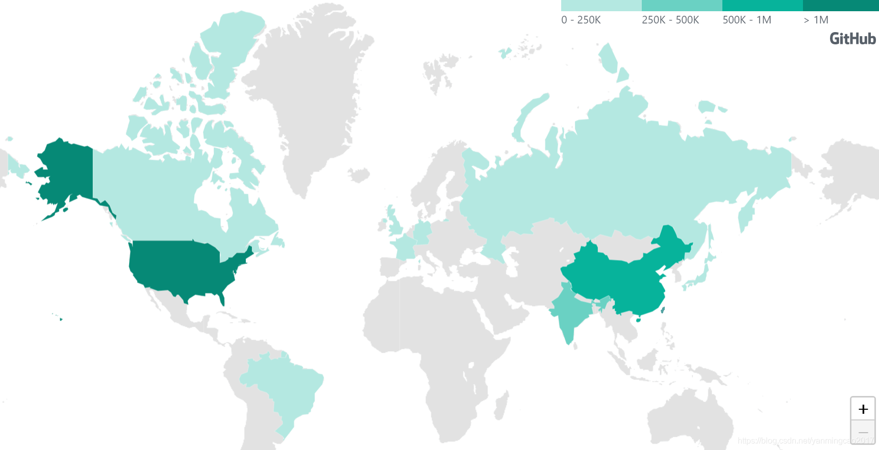 2017年GitHub新注册用户的地理分布