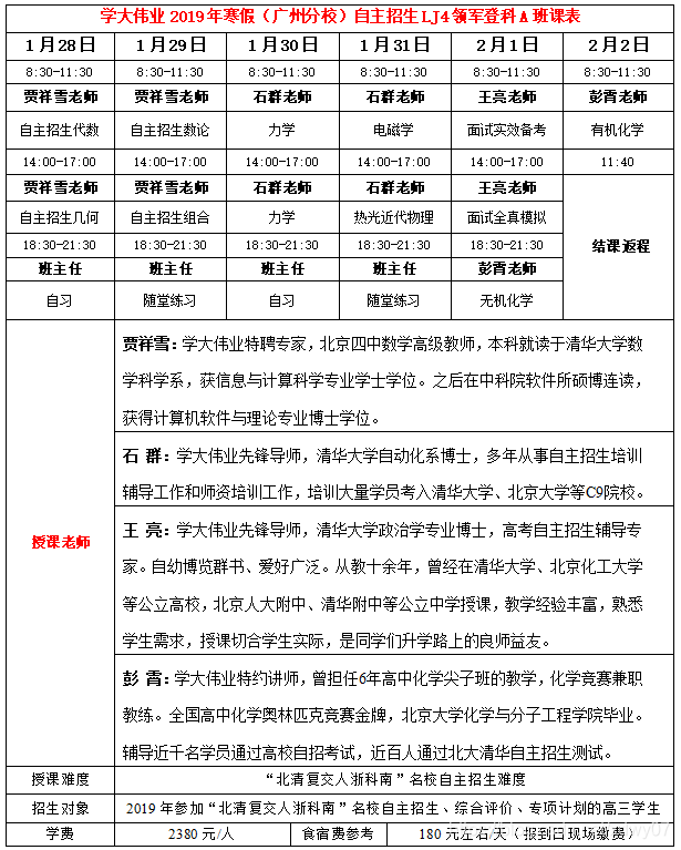 学大伟业2019年寒假（广州分校）自主招生LJ4领军登科A班