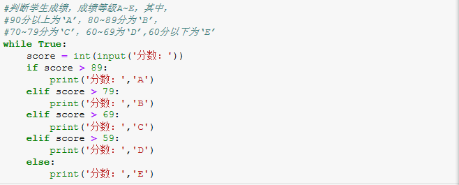 Python练习,判断学生成绩，成绩等级A~E，其中，90分以上为‘A’，80~89分为‘B’，70~79分为‘C’，60~69为‘D’,60 ...