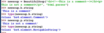 b标签中是注释内容，所以获取b标签内容的类型为Comment，p标签中的内容是非属性的字符串，所以类型为NavigableString