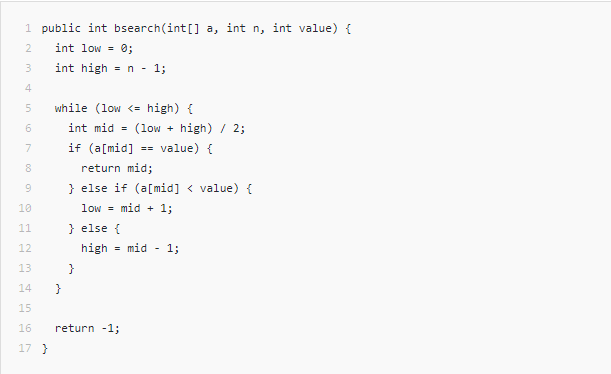 public int a, int 10K = e; int high while (low high) int n, int value) { int mid = (Ion * high) / 2; if (almid] = value) { return mid; } else if (almid] < value) { 10K = mid + I; } else { high = mid return