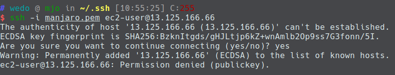 ssh连接亚马逊云报错:Permanently added 'IP' (ECDSA) to the list of known hosts Permission denied