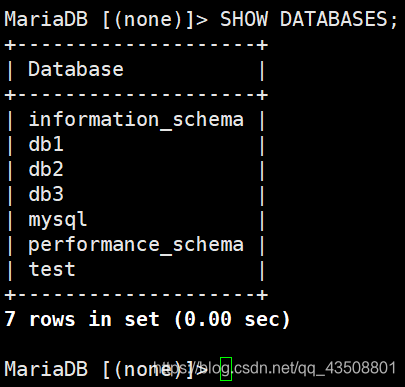 除了db1，db2和db3这三个刚插入的数据库之外的其他四个数据库是MySQL内置的数据库。