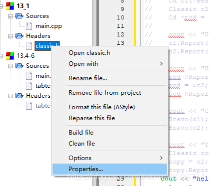 选中.h文件，右击选择Properties...
