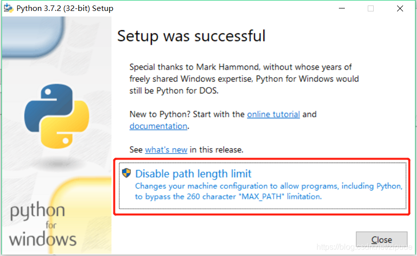 安装结束,点击图中取消路径长度限制,然后关闭Close