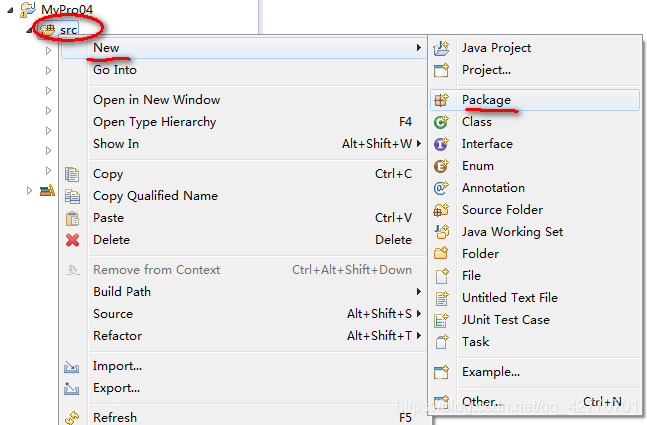 在src目录上单击右键，选择new->package