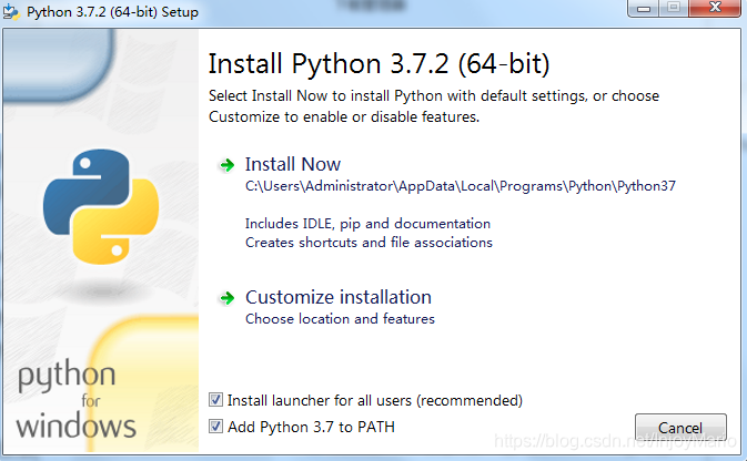 Python 3.7.2(64-bit)安装程序界面