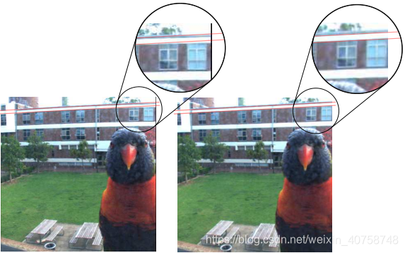 F01取样2在纠正之前和之后的图片,有一个子集显示透镜畸变的反转。